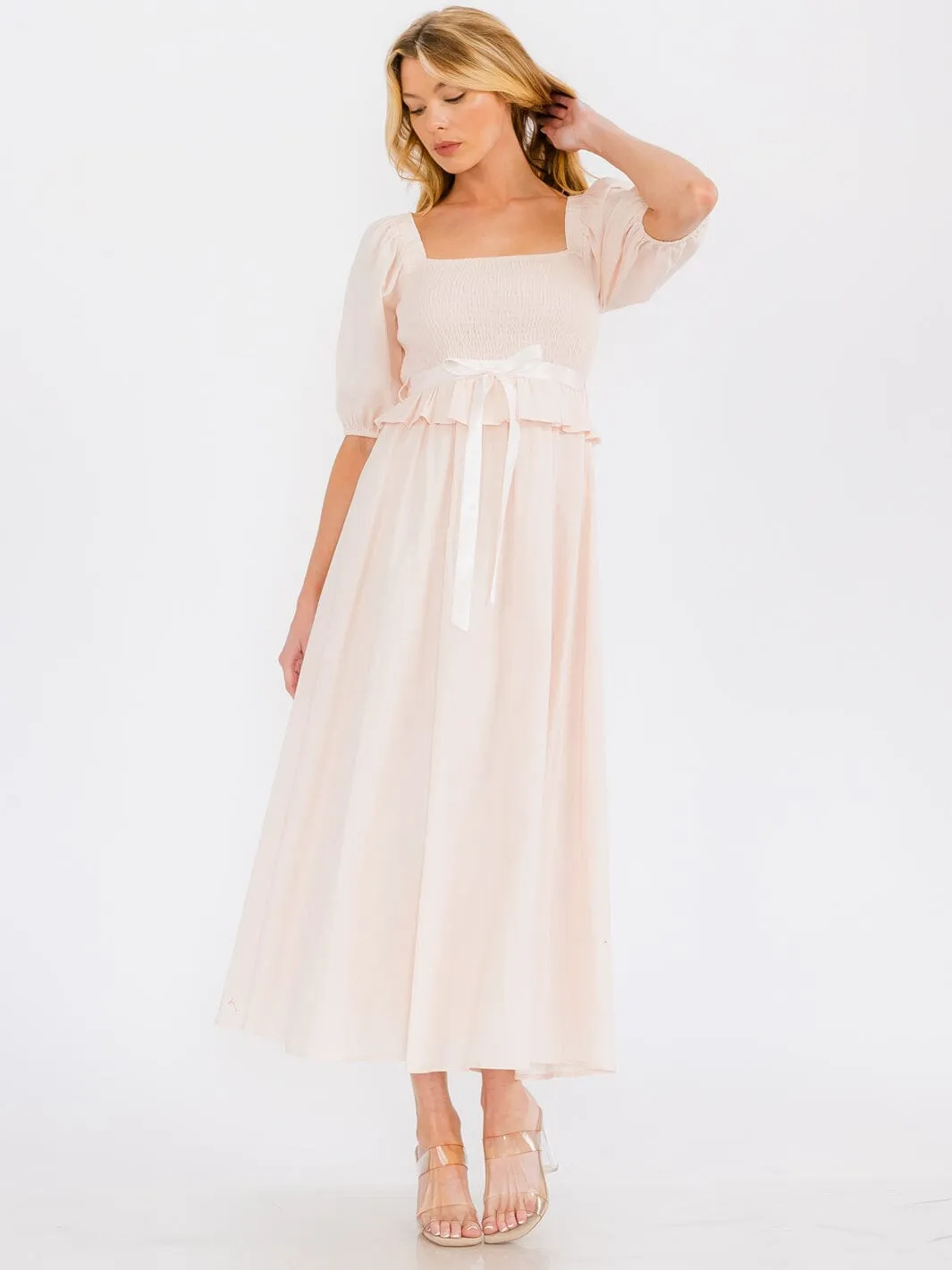 WOMEN'S SHORT PUFF SLEEVE SQUARE NECK SMOCK MAXI DRESS