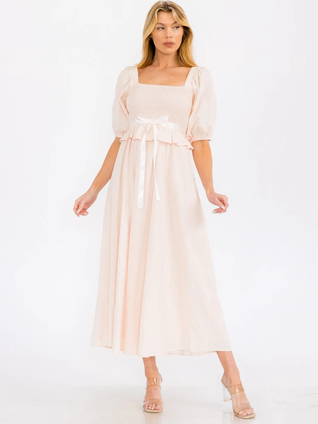 WOMEN'S SHORT PUFF SLEEVE SQUARE NECK SMOCK MAXI DRESS