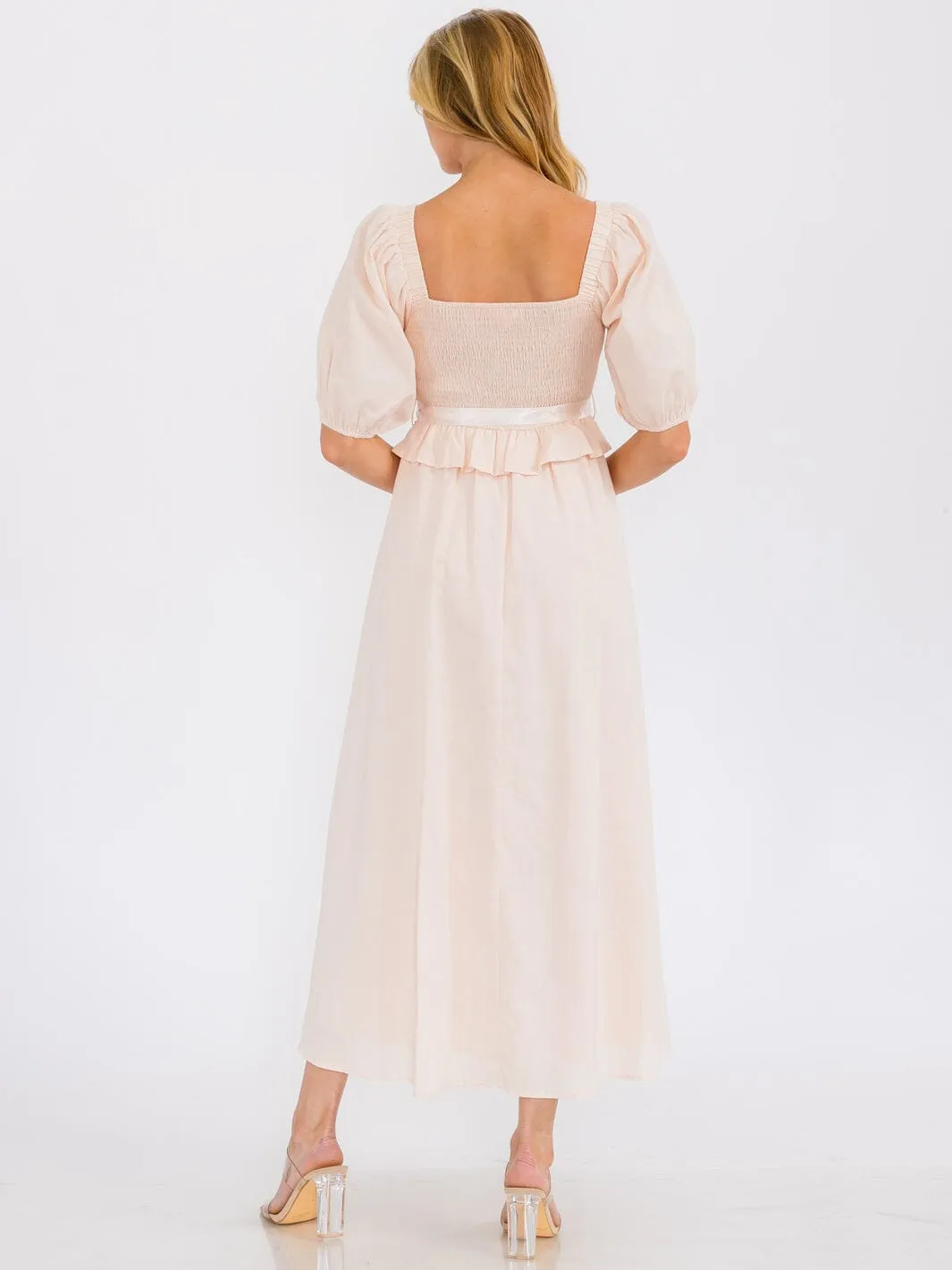 WOMEN'S SHORT PUFF SLEEVE SQUARE NECK SMOCK MAXI DRESS