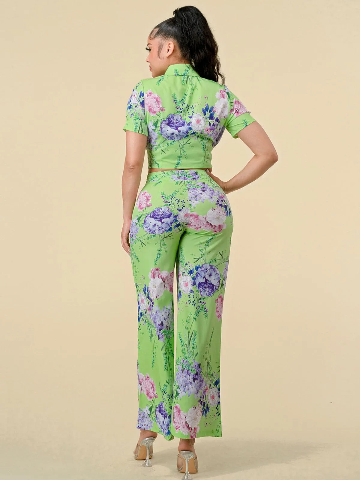 WOMEN'S SHORT SLEEVE BLOUSE & ZIP UP PANTS FLORAL PRINT 2PC.SET