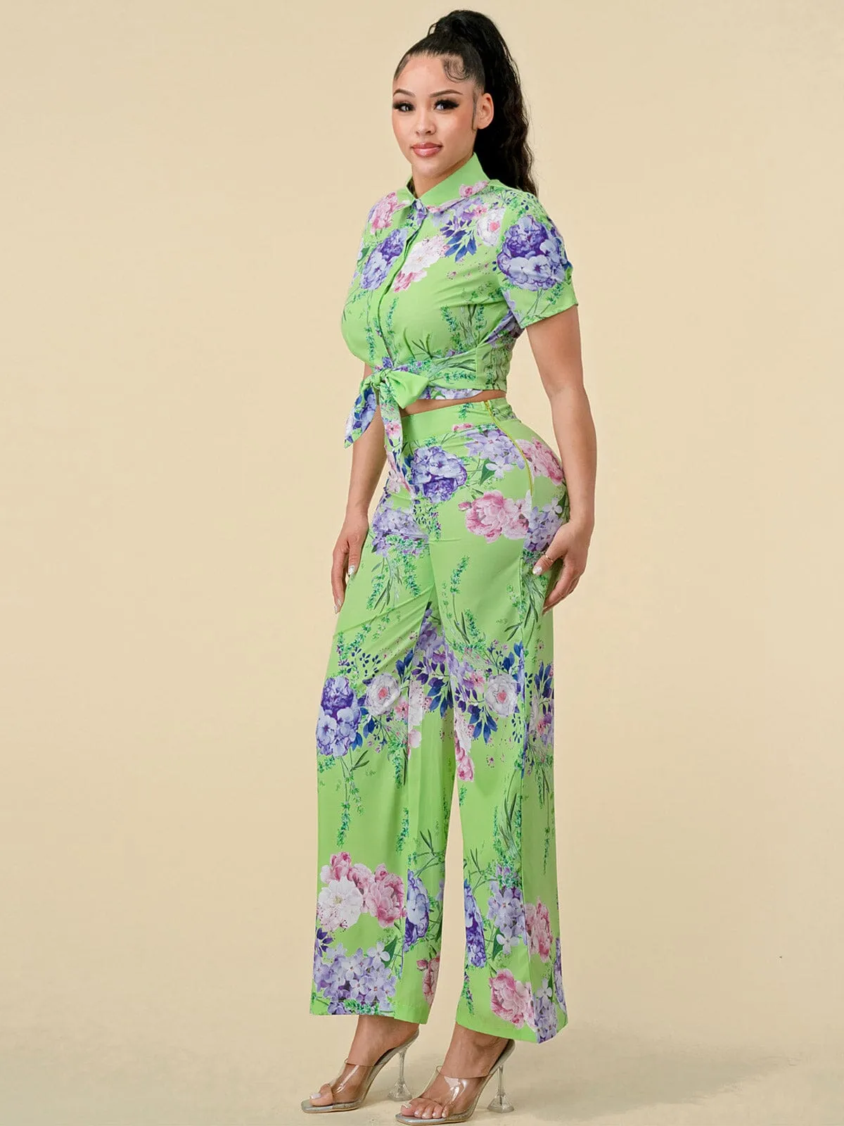 WOMEN'S SHORT SLEEVE BLOUSE & ZIP UP PANTS FLORAL PRINT 2PC.SET