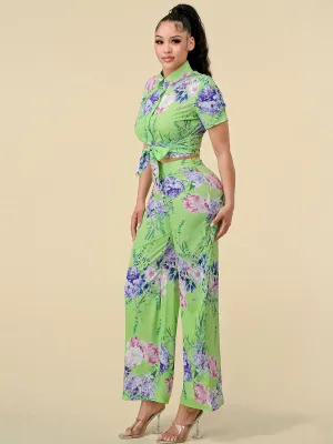 WOMEN'S SHORT SLEEVE BLOUSE & ZIP UP PANTS FLORAL PRINT 2PC.SET