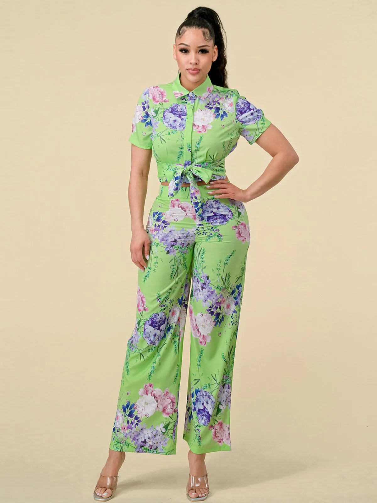 WOMEN'S SHORT SLEEVE BLOUSE & ZIP UP PANTS FLORAL PRINT 2PC.SET
