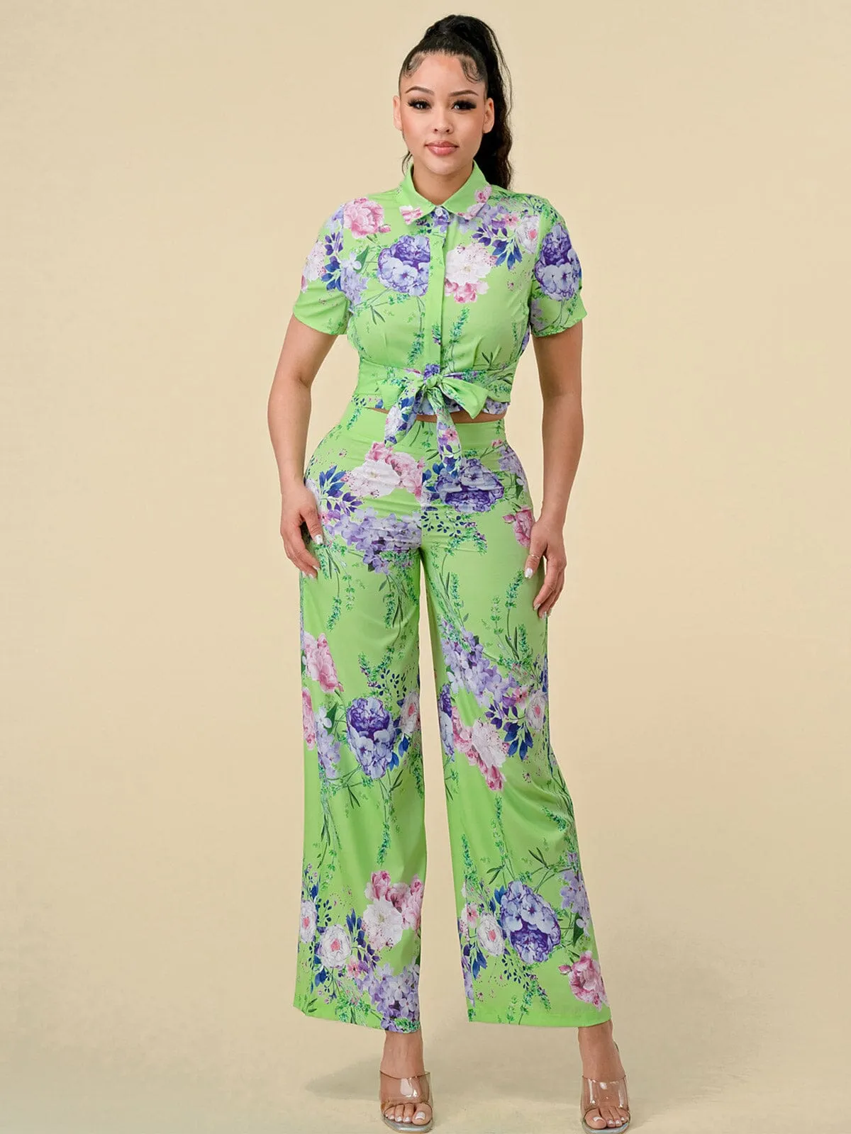 WOMEN'S SHORT SLEEVE BLOUSE & ZIP UP PANTS FLORAL PRINT 2PC.SET