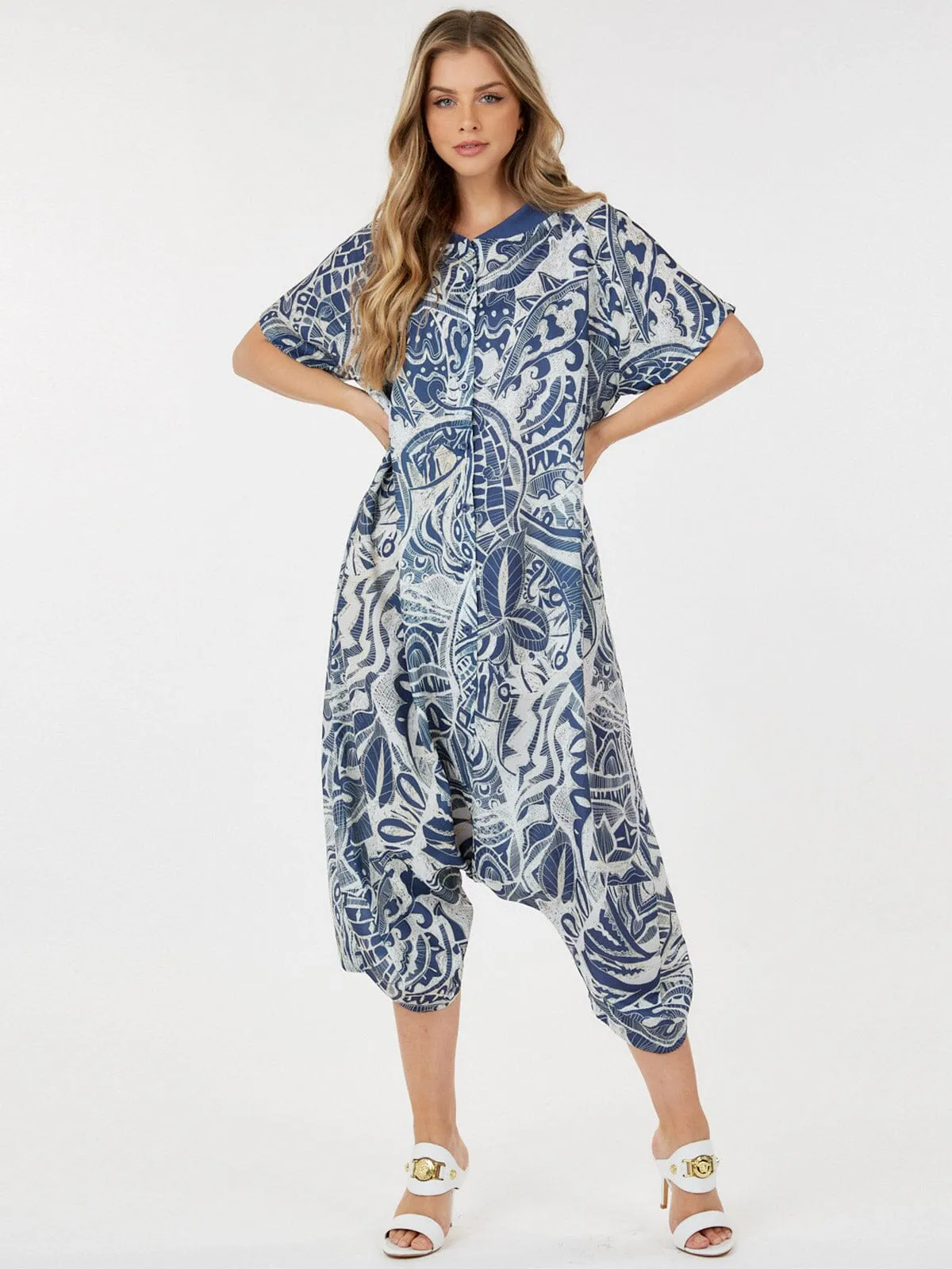 WOMEN'S SHORT SLEEVE BUTTON UP FRONT POCKETS MULTI PRINT JUMPSUIT