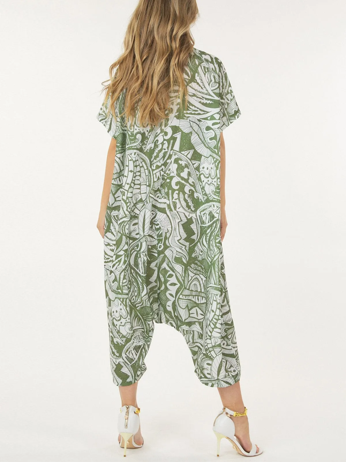 WOMEN'S SHORT SLEEVE BUTTON UP FRONT POCKETS MULTI PRINT JUMPSUIT
