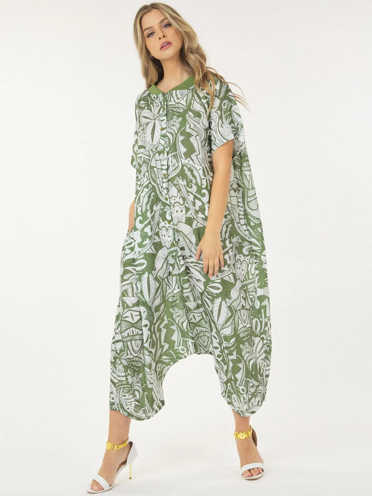 WOMEN'S SHORT SLEEVE BUTTON UP FRONT POCKETS MULTI PRINT JUMPSUIT