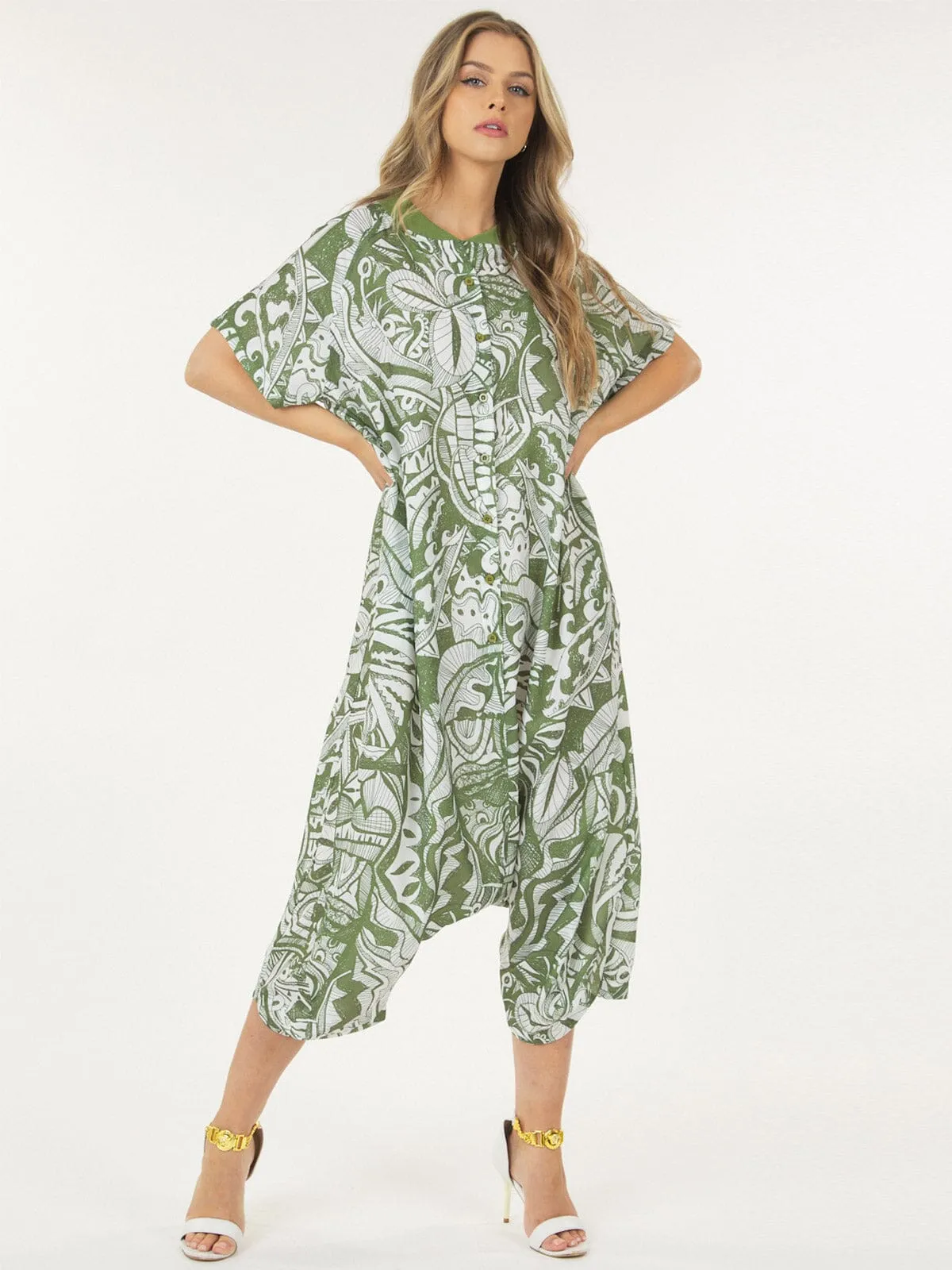 WOMEN'S SHORT SLEEVE BUTTON UP FRONT POCKETS MULTI PRINT JUMPSUIT