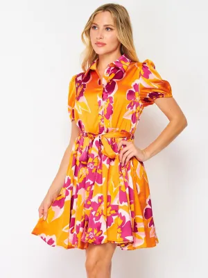 WOMEN'S SHORT SLEEVE BUTTON UP SELF TIE MULTI PRINT MINI DRESS