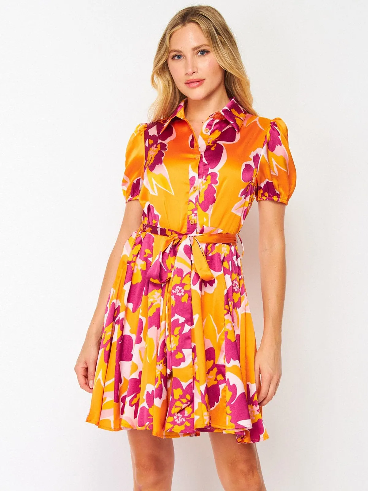 WOMEN'S SHORT SLEEVE BUTTON UP SELF TIE MULTI PRINT MINI DRESS