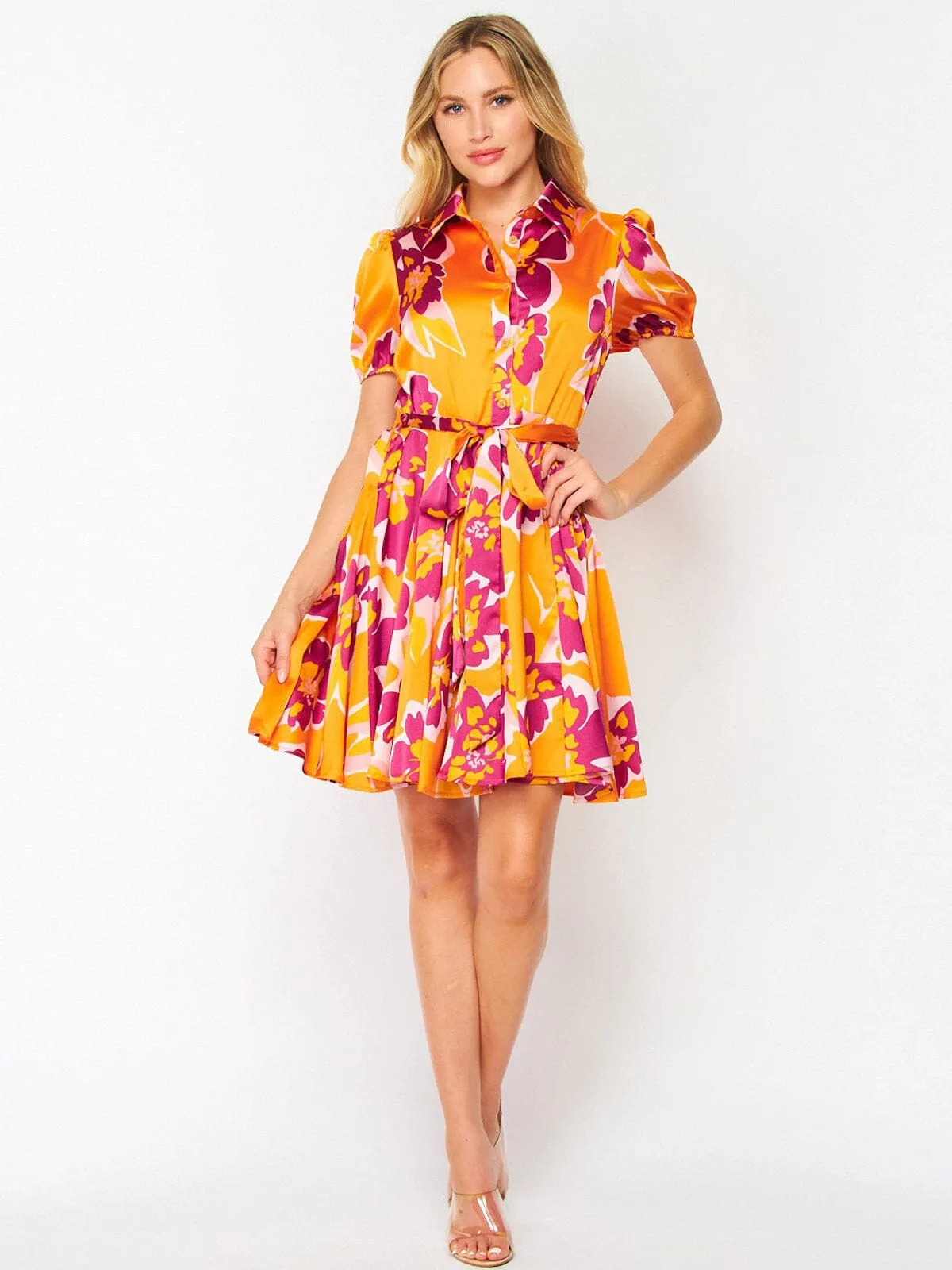 WOMEN'S SHORT SLEEVE BUTTON UP SELF TIE MULTI PRINT MINI DRESS