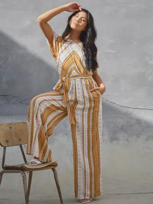 WOMEN'S SHORT SLEEVE FRONT POCKETS MULTI PRINT WIDE LEG JUMPSUIT