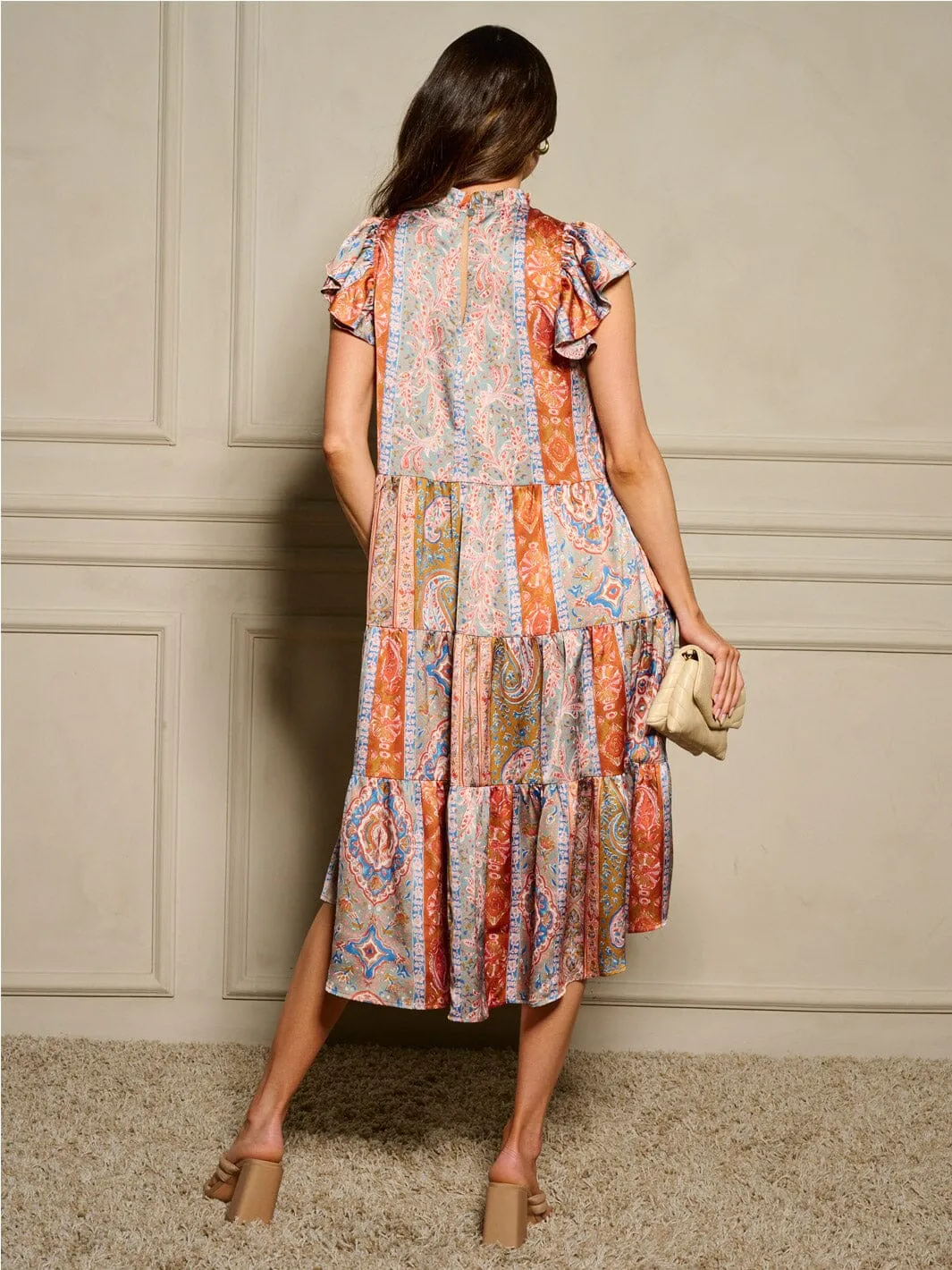 WOMEN'S SHORT SLEEVE MOCK NECK POCKETS MULTI PRINT MIDI DRESS