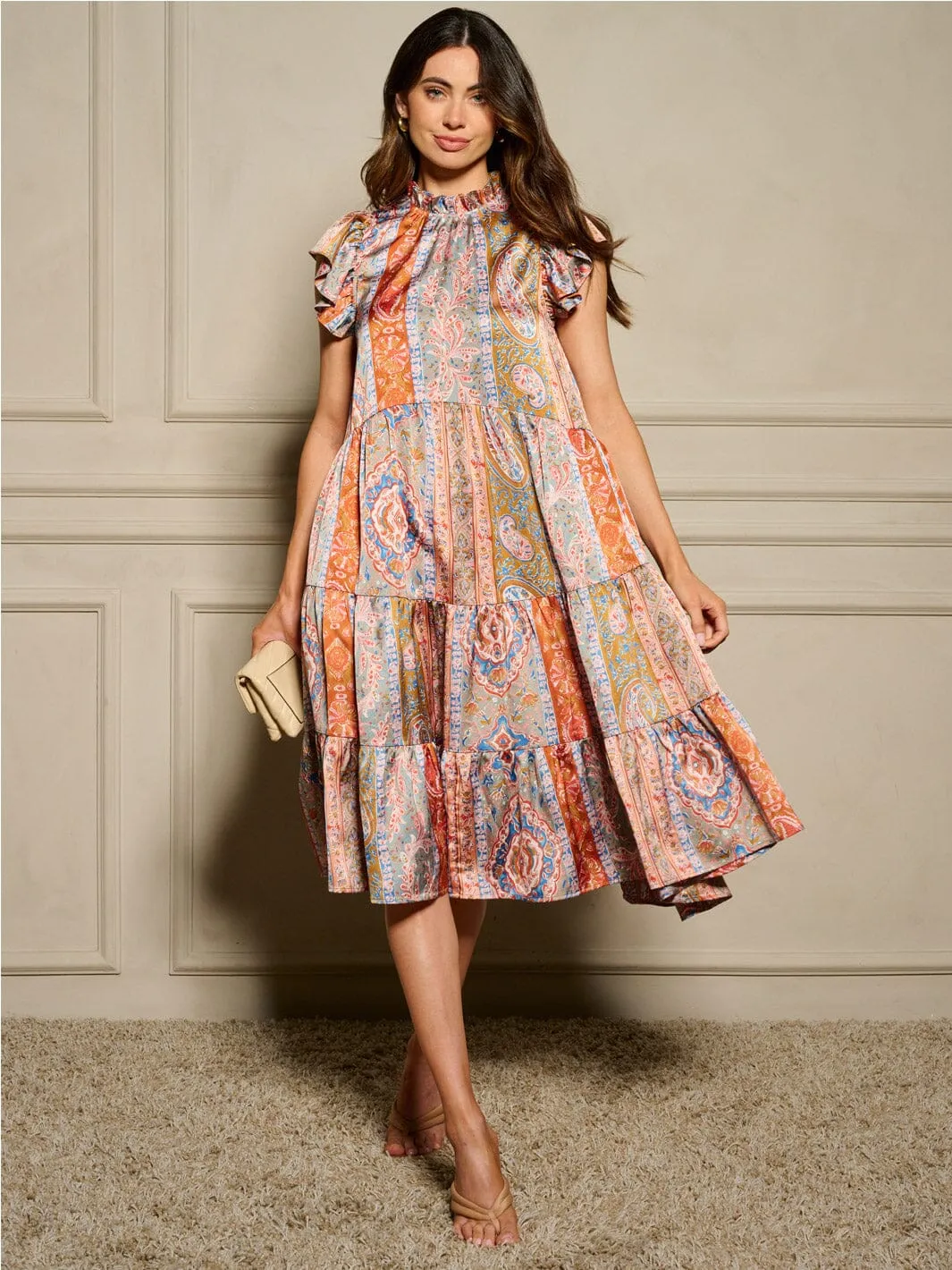 WOMEN'S SHORT SLEEVE MOCK NECK POCKETS MULTI PRINT MIDI DRESS