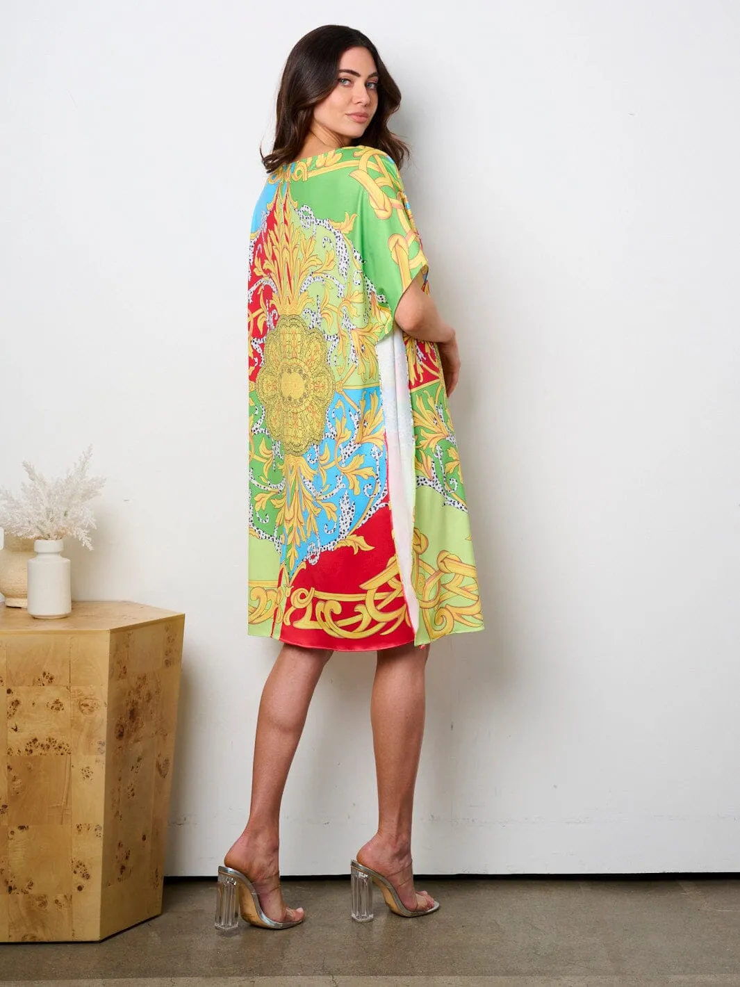WOMEN'S SHORT SLEEVE MULTI PRINT TUNIC MINI DRESS