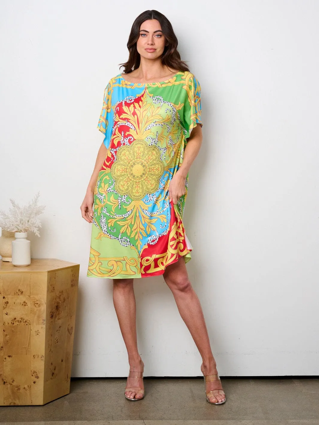 WOMEN'S SHORT SLEEVE MULTI PRINT TUNIC MINI DRESS