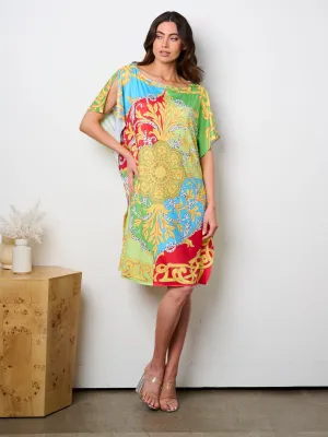 WOMEN'S SHORT SLEEVE MULTI PRINT TUNIC MINI DRESS