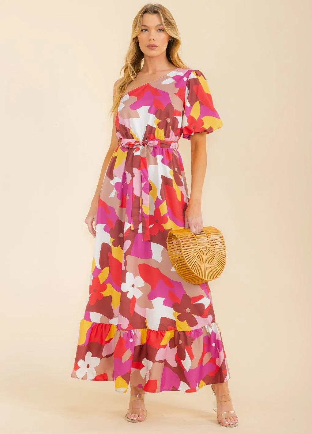 WOMEN'S SHORT SLEEVE ONE SHOULDER SELF TIE TIERED COLORBLOCK MAXI DRESS