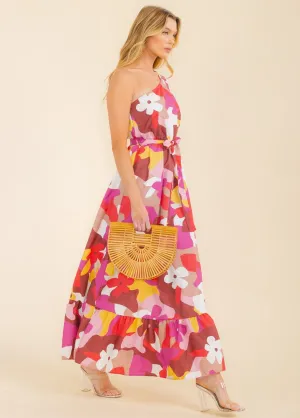 WOMEN'S SHORT SLEEVE ONE SHOULDER SELF TIE TIERED COLORBLOCK MAXI DRESS