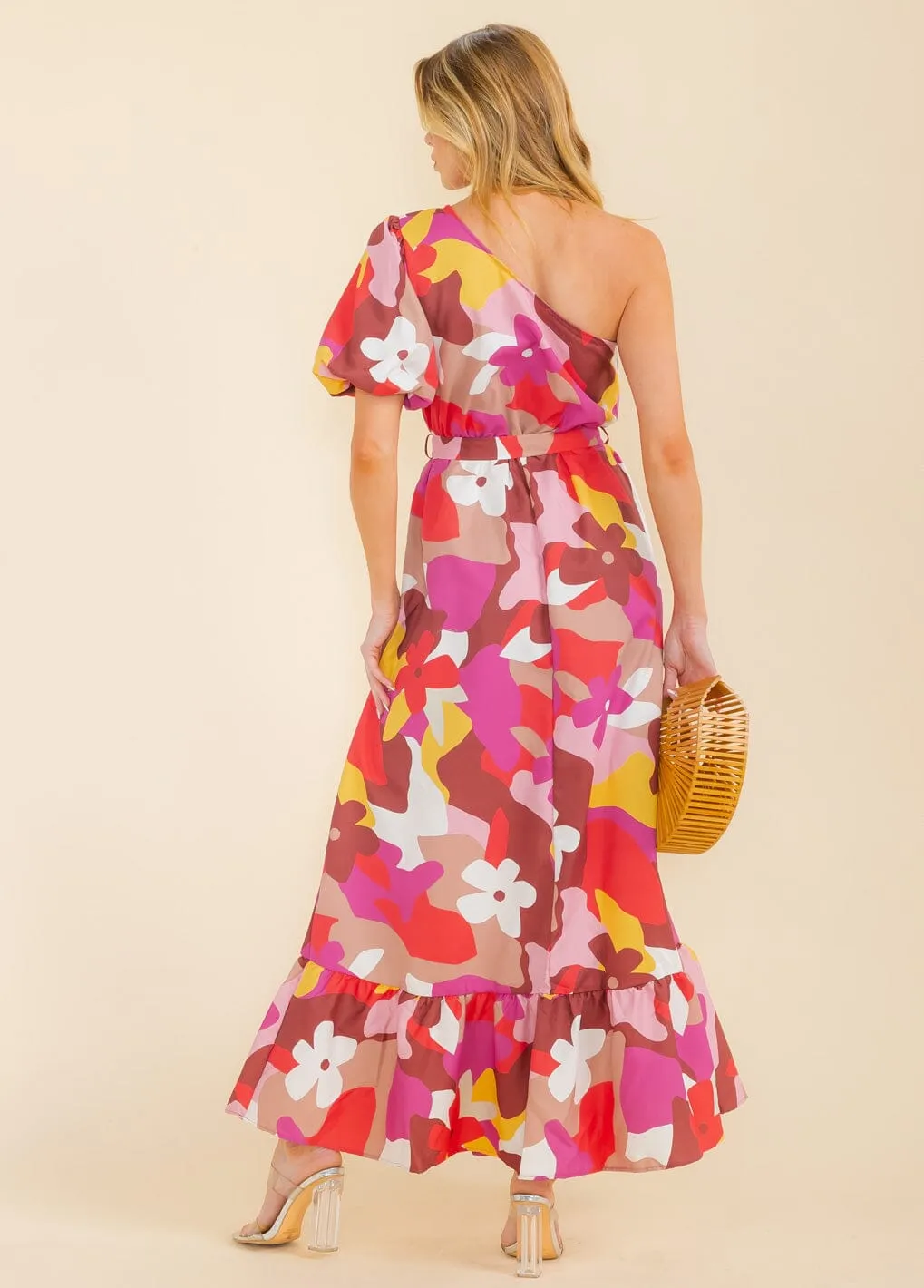 WOMEN'S SHORT SLEEVE ONE SHOULDER SELF TIE TIERED COLORBLOCK MAXI DRESS