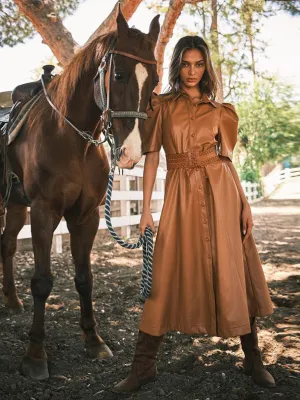 WOMEN'S SHORT SLEEVE POCKETS BUTTON UP PU PLEATHER MIDI DRESS