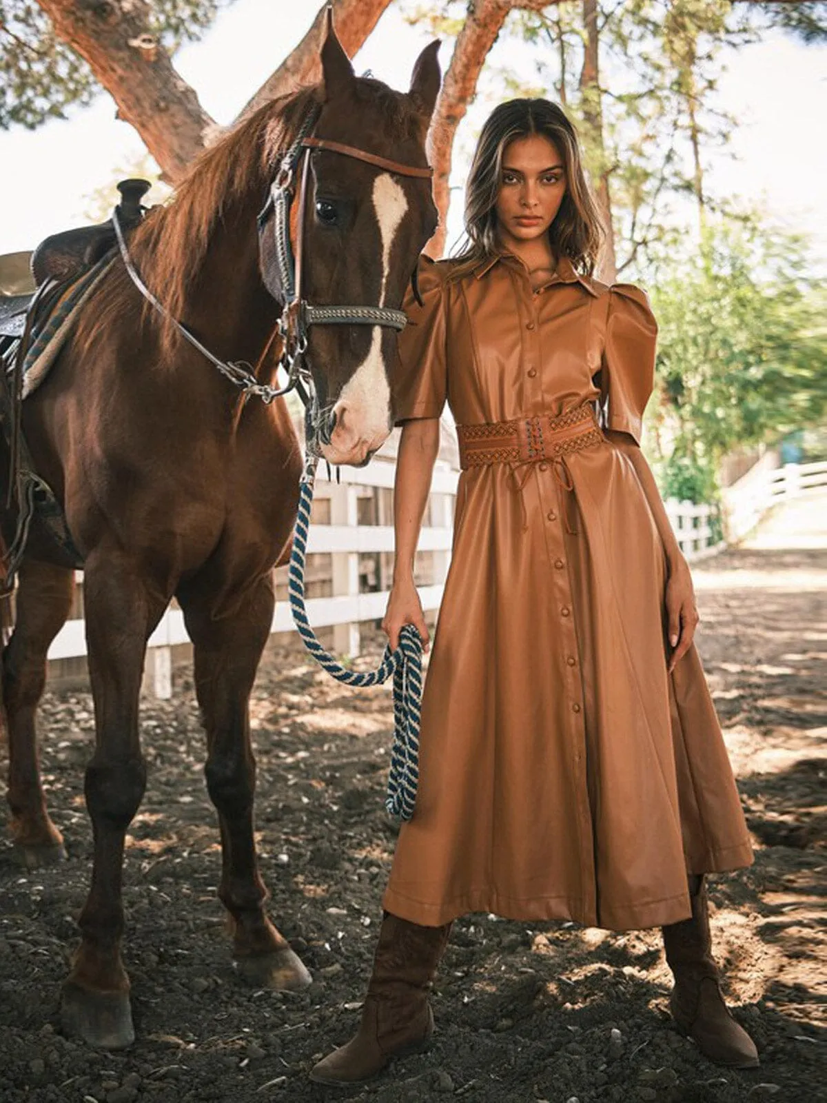 WOMEN'S SHORT SLEEVE POCKETS BUTTON UP PU PLEATHER MIDI DRESS