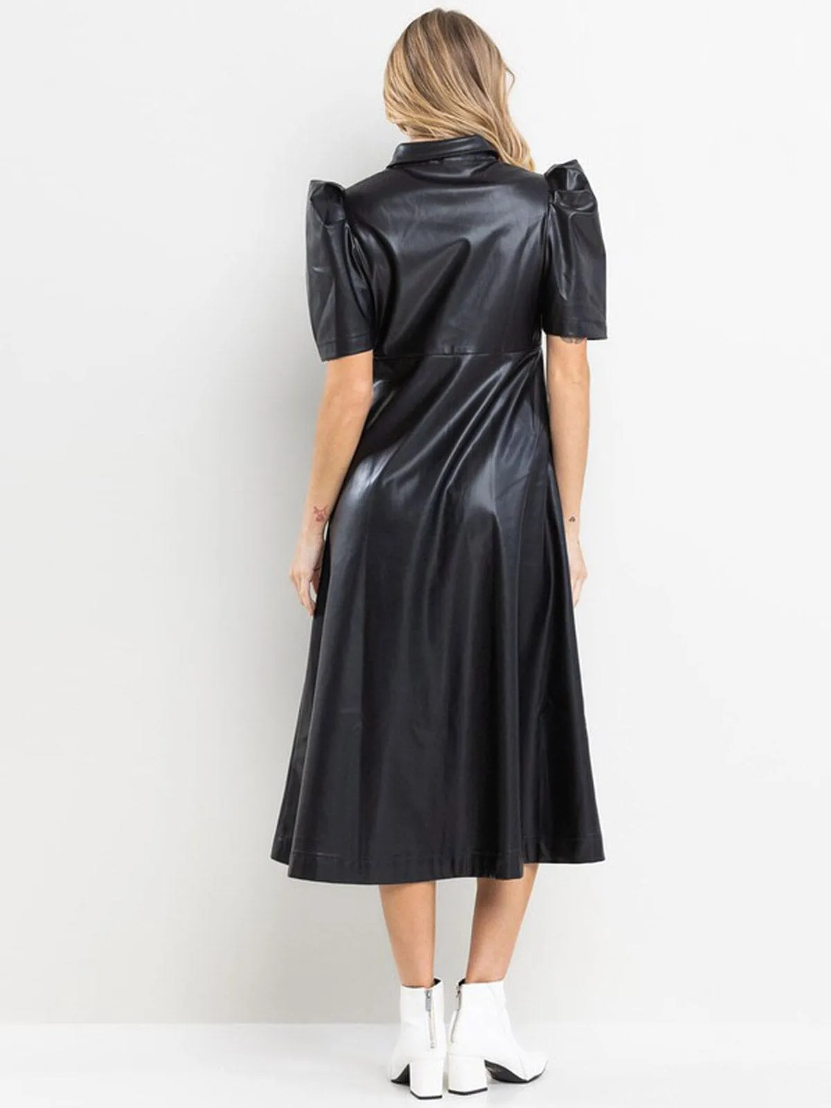 WOMEN'S SHORT SLEEVE POCKETS BUTTON UP PU PLEATHER MIDI DRESS
