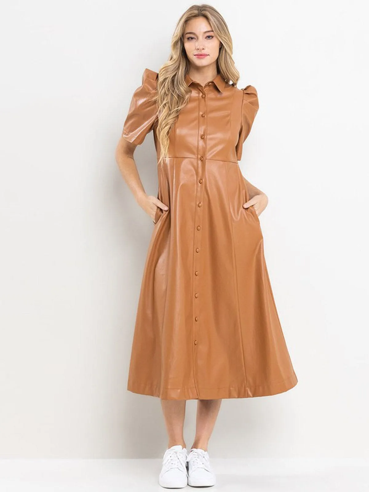 WOMEN'S SHORT SLEEVE POCKETS BUTTON UP PU PLEATHER MIDI DRESS