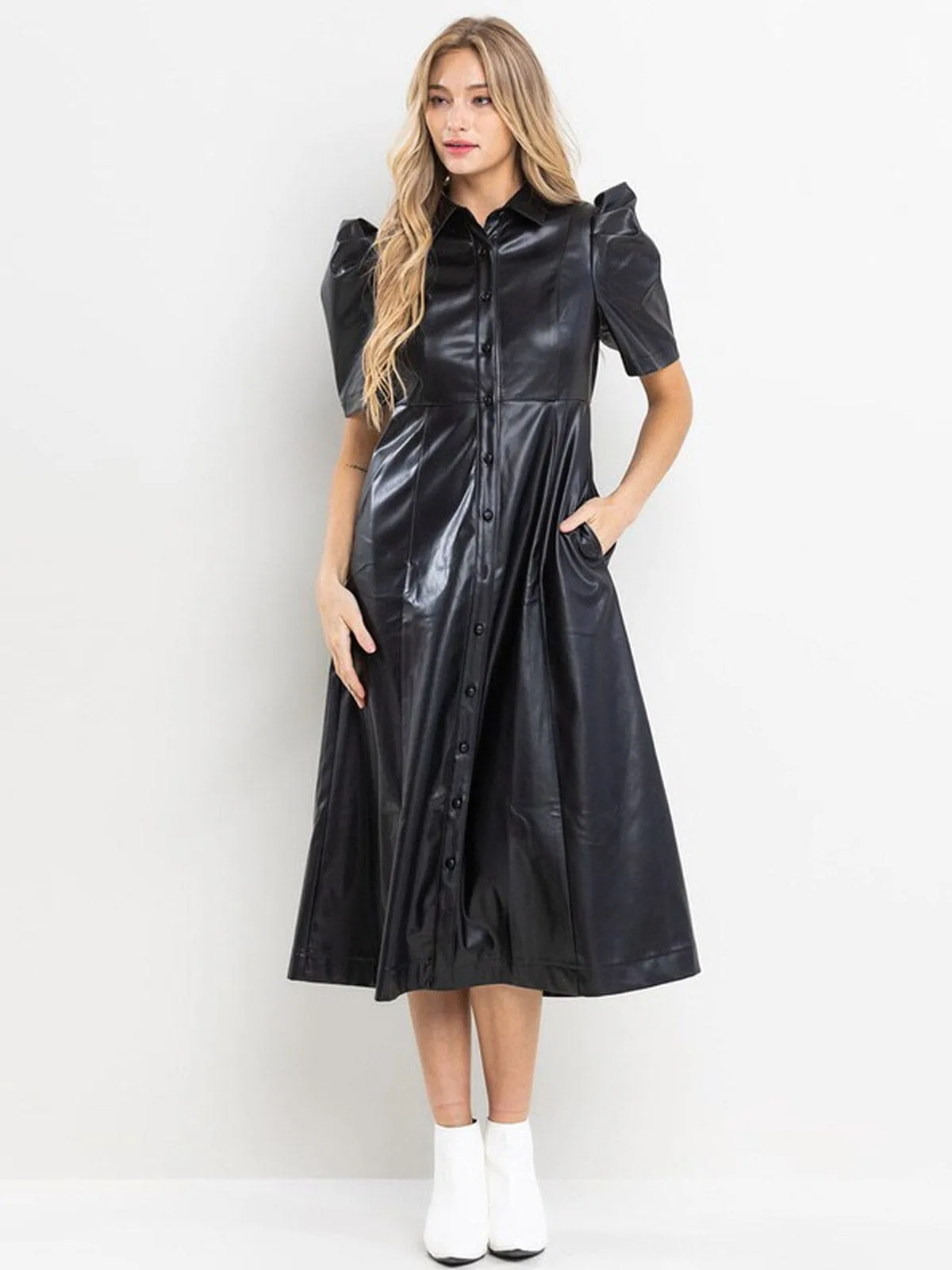 WOMEN'S SHORT SLEEVE POCKETS BUTTON UP PU PLEATHER MIDI DRESS