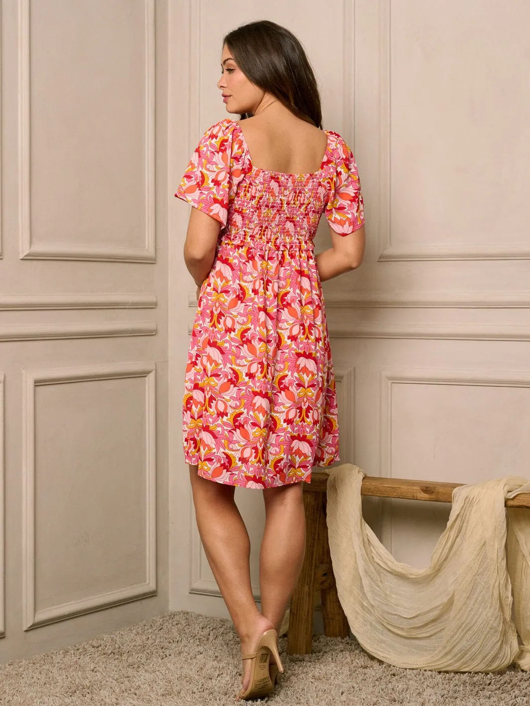 WOMEN'S SHORT SLEEVE SMOCK MULTI PRINT MINI DRESS