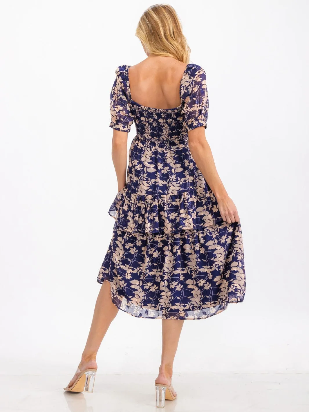 WOMEN'S SHORT SLEEVE SMOCK RUFFLE TIERED LEAF PRINT MIDI DRESS
