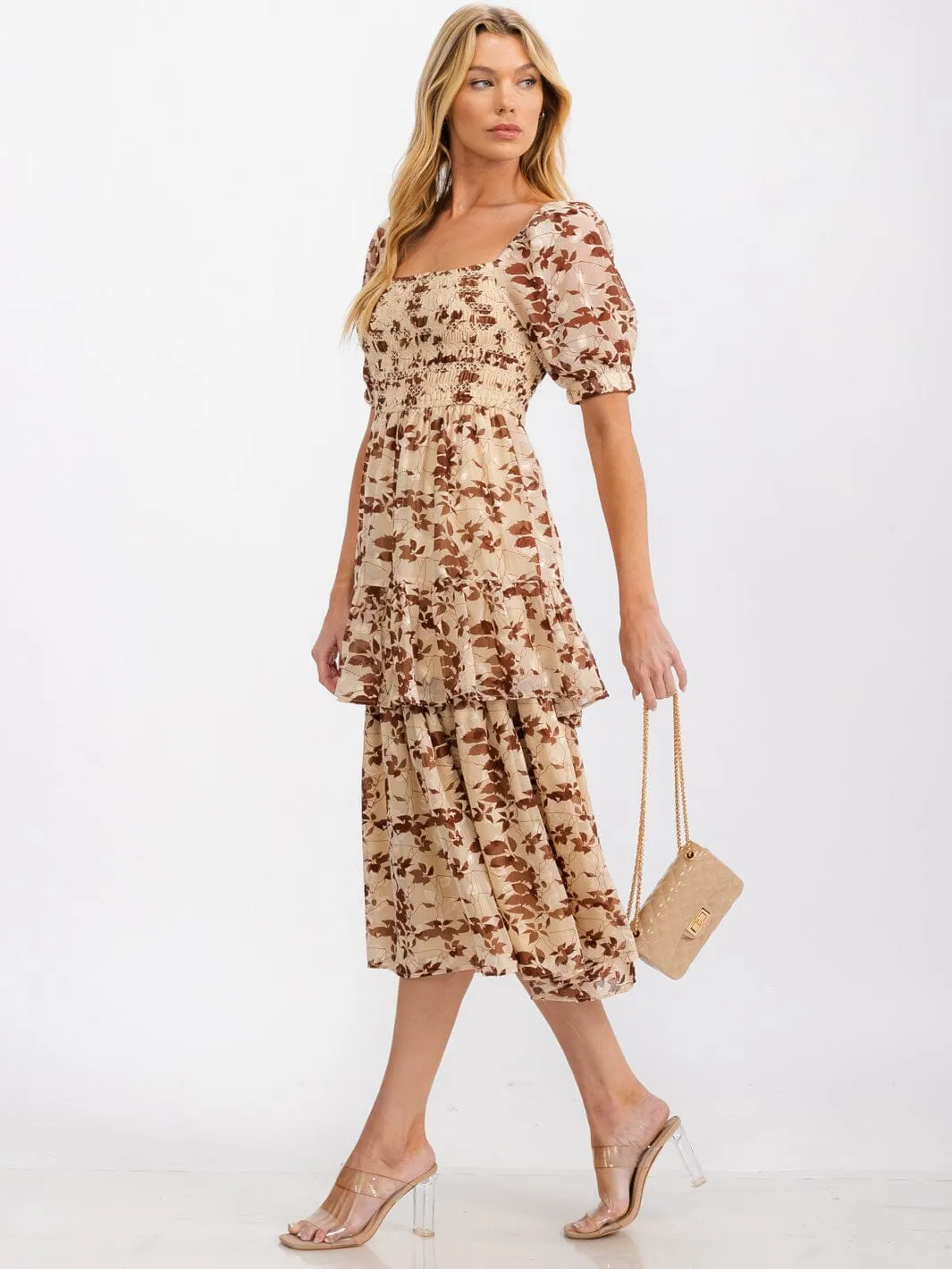 WOMEN'S SHORT SLEEVE SMOCK RUFFLE TIERED LEAF PRINT MIDI DRESS