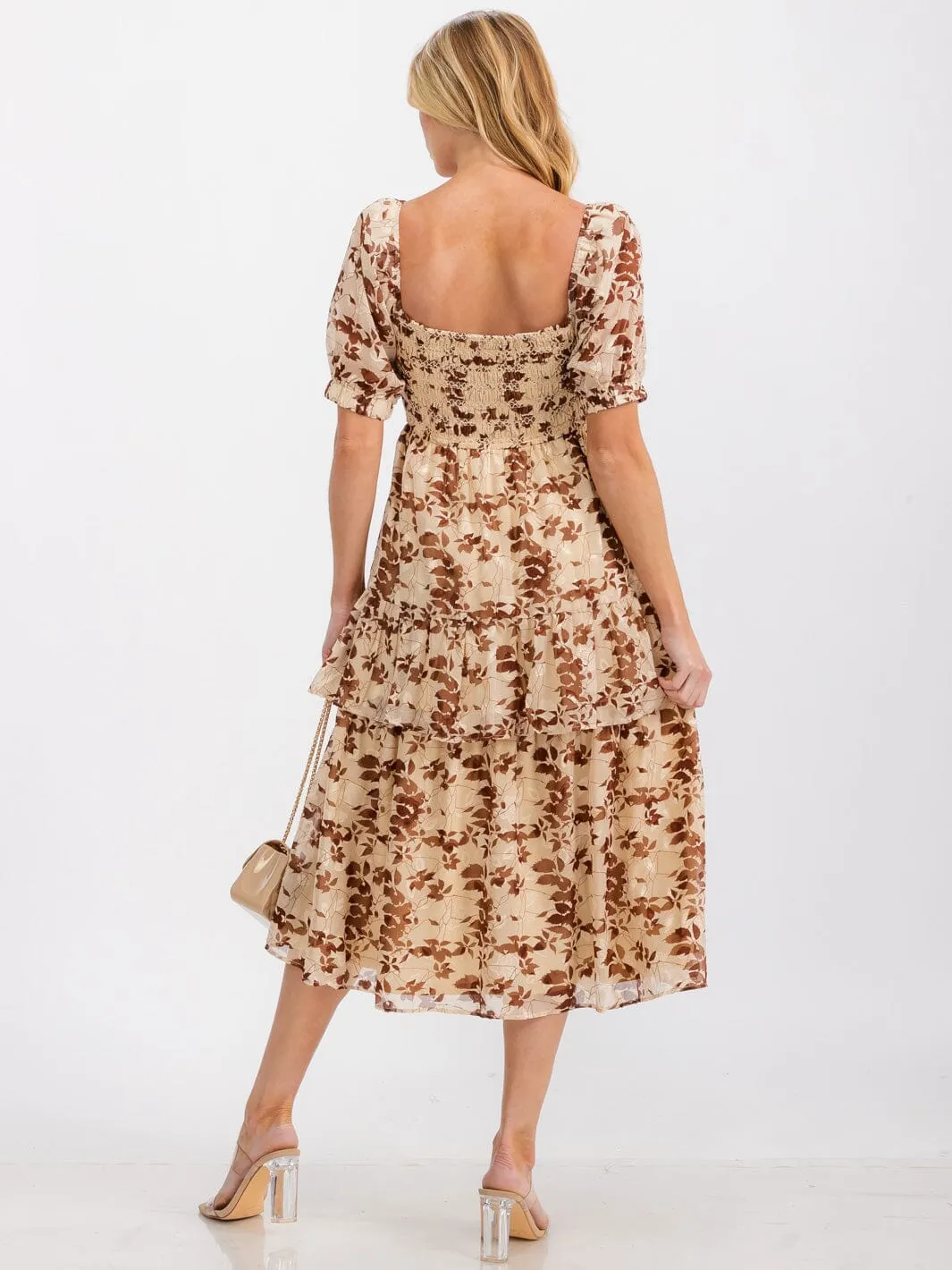 WOMEN'S SHORT SLEEVE SMOCK RUFFLE TIERED LEAF PRINT MIDI DRESS