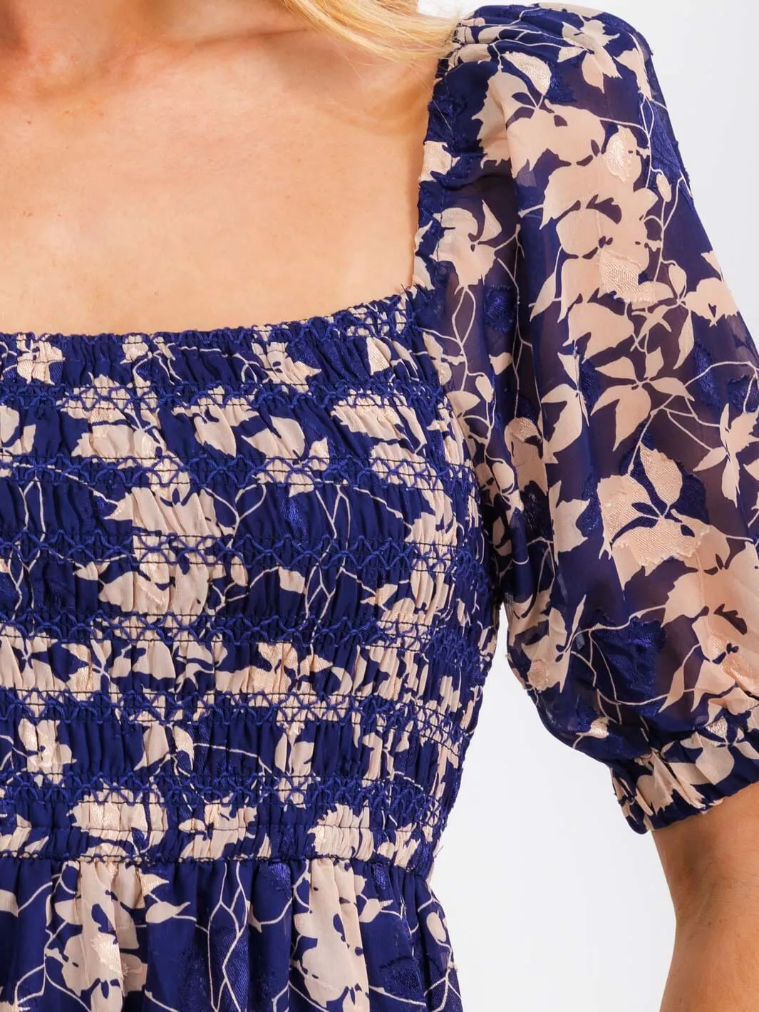 WOMEN'S SHORT SLEEVE SMOCK RUFFLE TIERED LEAF PRINT MIDI DRESS
