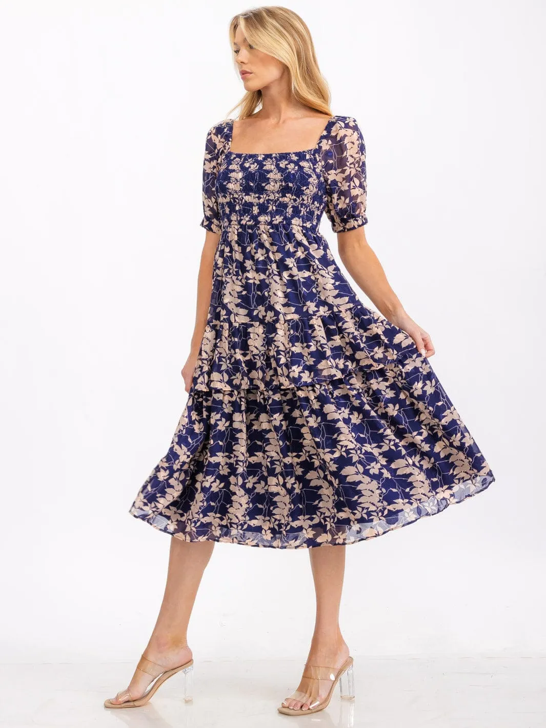 WOMEN'S SHORT SLEEVE SMOCK RUFFLE TIERED LEAF PRINT MIDI DRESS