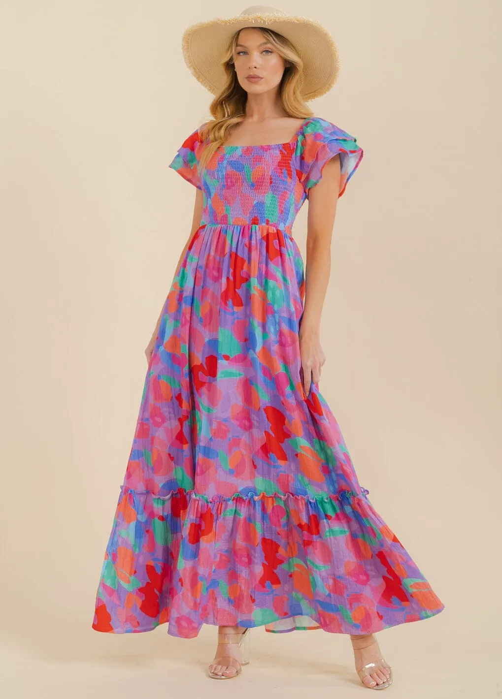 WOMEN'S SHORT SLEEVE SMOCK TIERED COLORBLOCK MAXI DRESS
