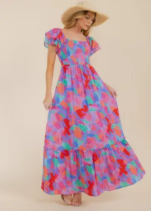 WOMEN'S SHORT SLEEVE SMOCK TIERED COLORBLOCK MAXI DRESS