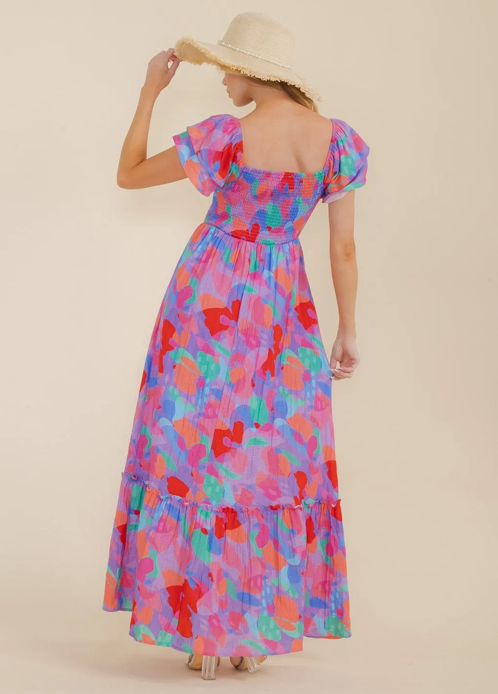 WOMEN'S SHORT SLEEVE SMOCK TIERED COLORBLOCK MAXI DRESS