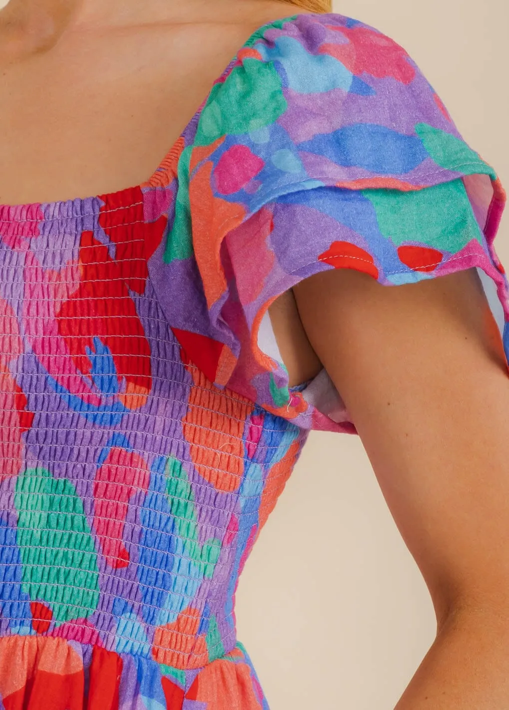 WOMEN'S SHORT SLEEVE SMOCK TIERED COLORBLOCK MAXI DRESS