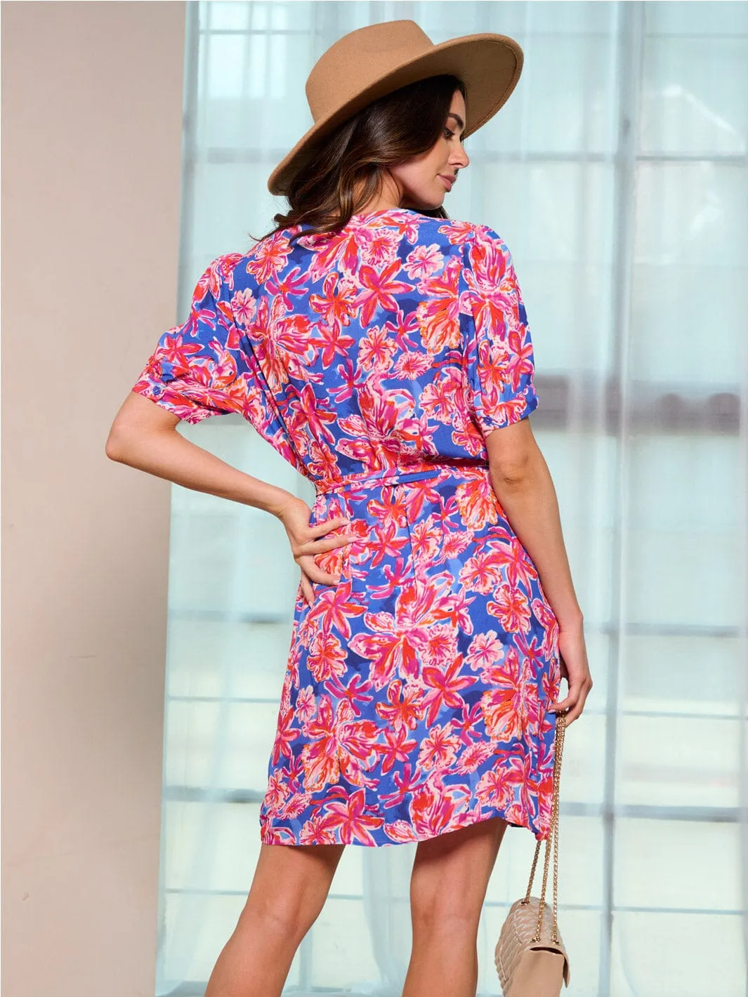 WOMEN'S SHORT SLEEVE SURPLICE POCKETS SELF TIE FLORAL MINI DRESS