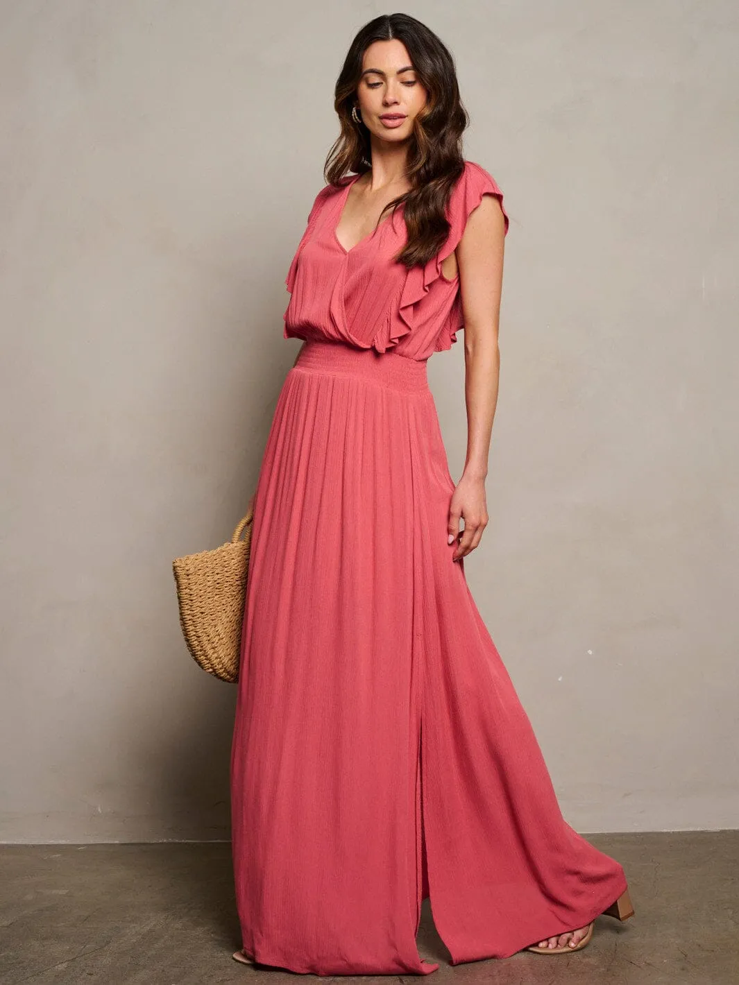WOMEN'S SHORT SLEEVE SURPLICE SMOCK WAIST MAXI DRESS