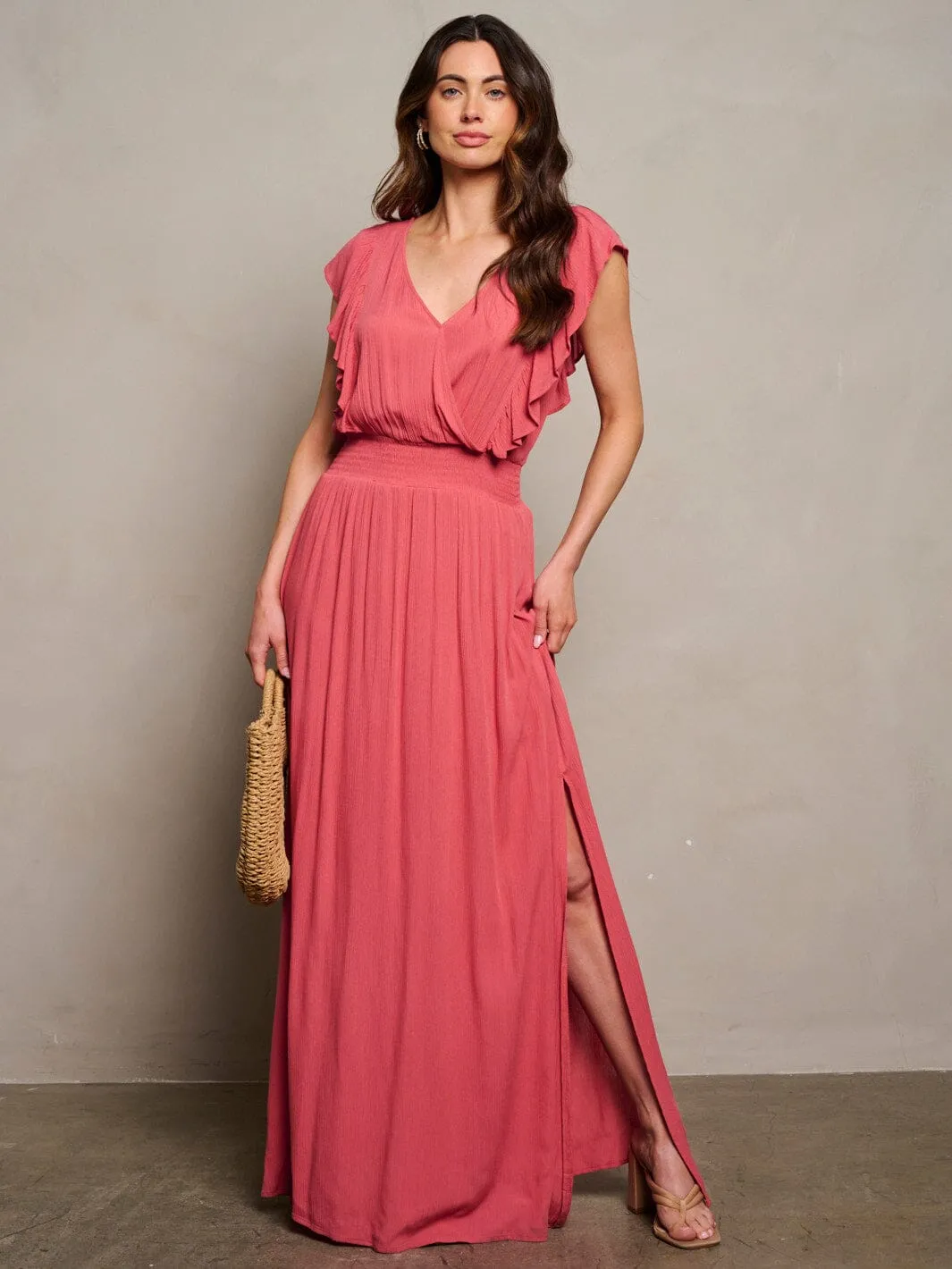 WOMEN'S SHORT SLEEVE SURPLICE SMOCK WAIST MAXI DRESS