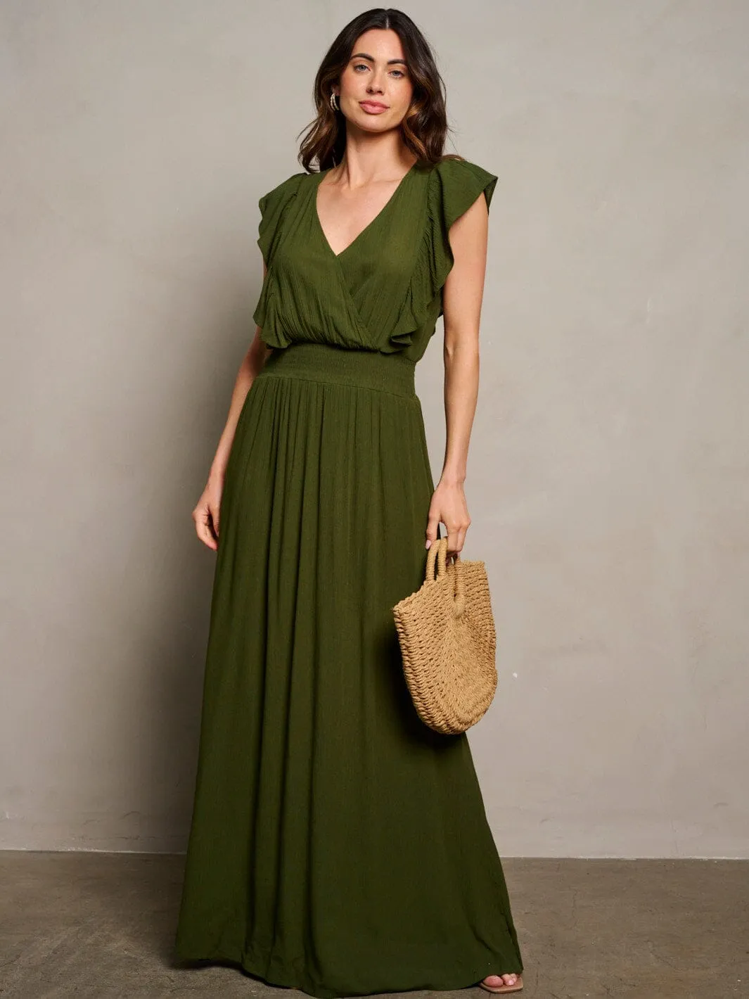WOMEN'S SHORT SLEEVE SURPLICE SMOCK WAIST MAXI DRESS