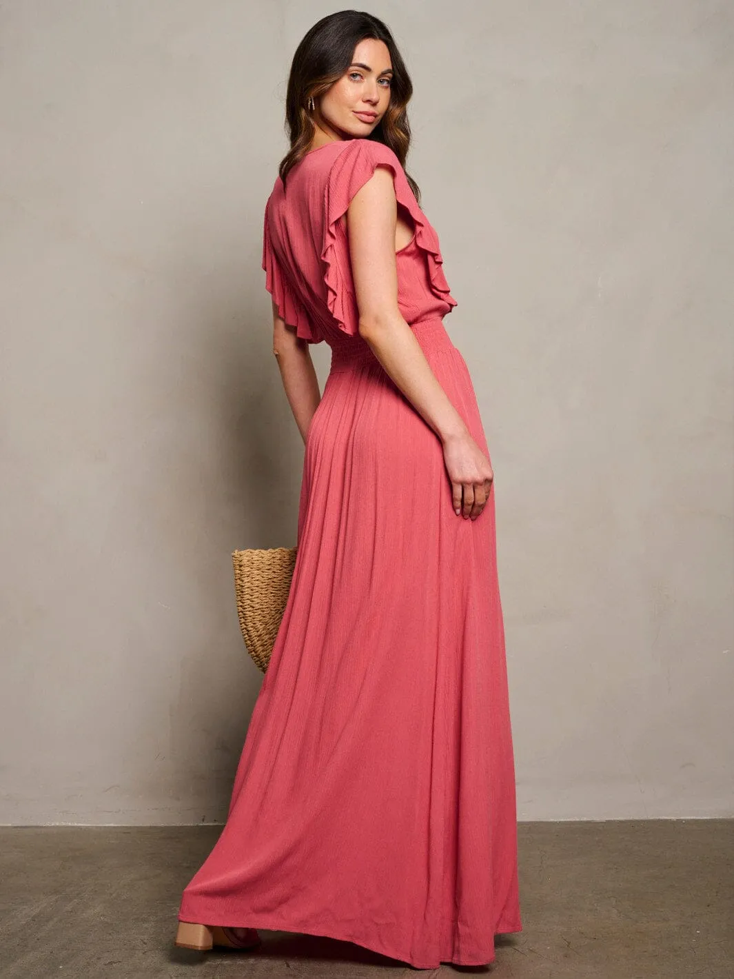 WOMEN'S SHORT SLEEVE SURPLICE SMOCK WAIST MAXI DRESS