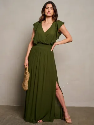 WOMEN'S SHORT SLEEVE SURPLICE SMOCK WAIST MAXI DRESS