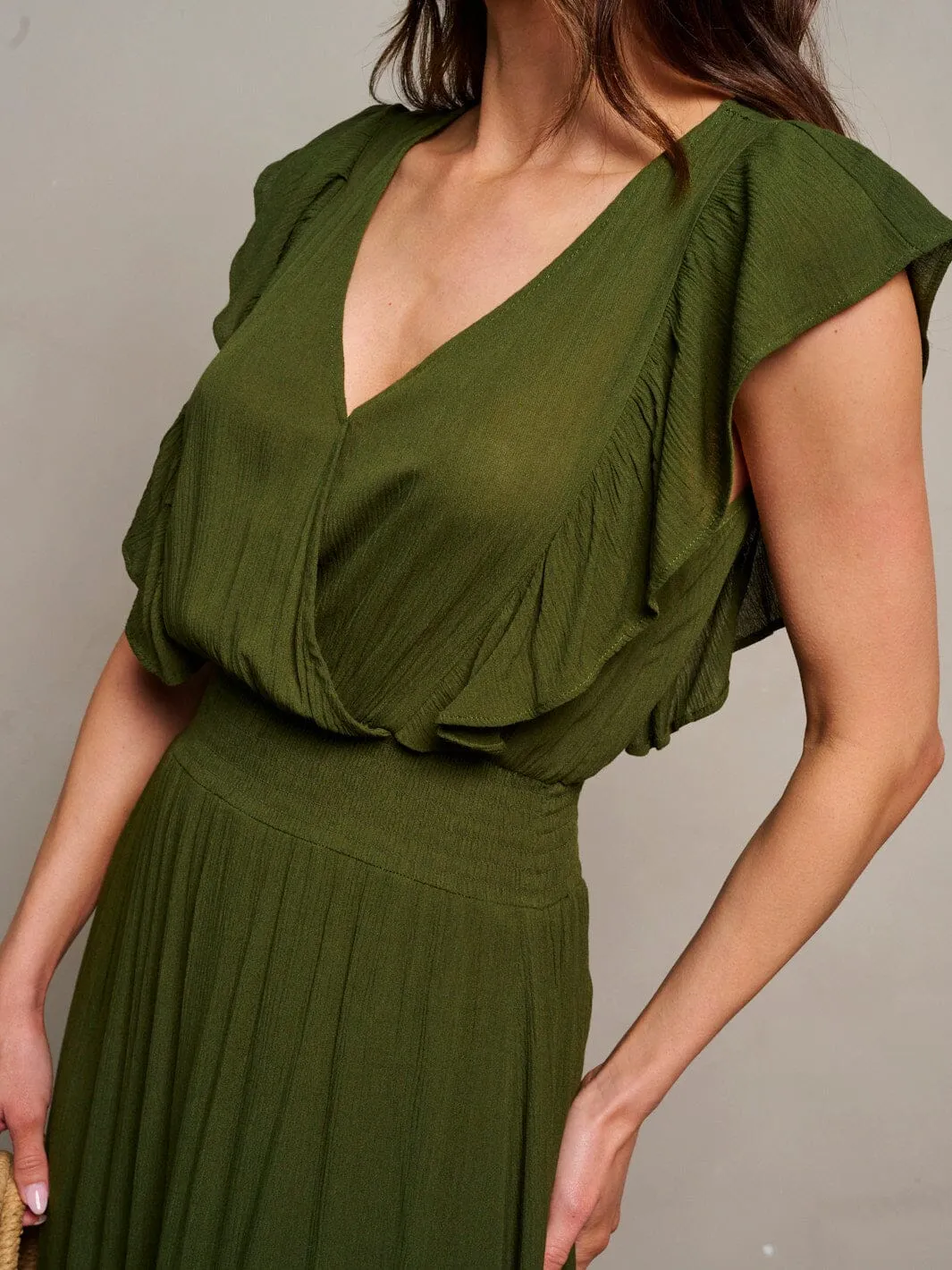WOMEN'S SHORT SLEEVE SURPLICE SMOCK WAIST MAXI DRESS