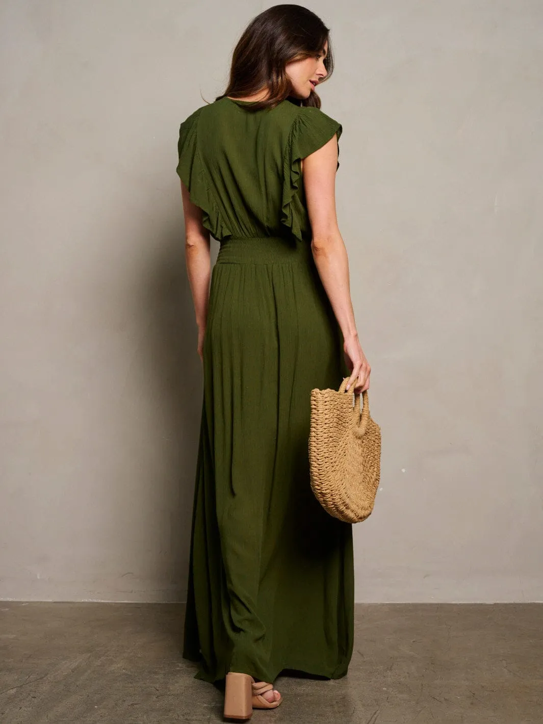 WOMEN'S SHORT SLEEVE SURPLICE SMOCK WAIST MAXI DRESS
