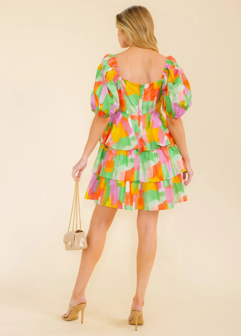 WOMEN'S SHORT SLEEVE TIERED MULTI PRINT MINI DRESS