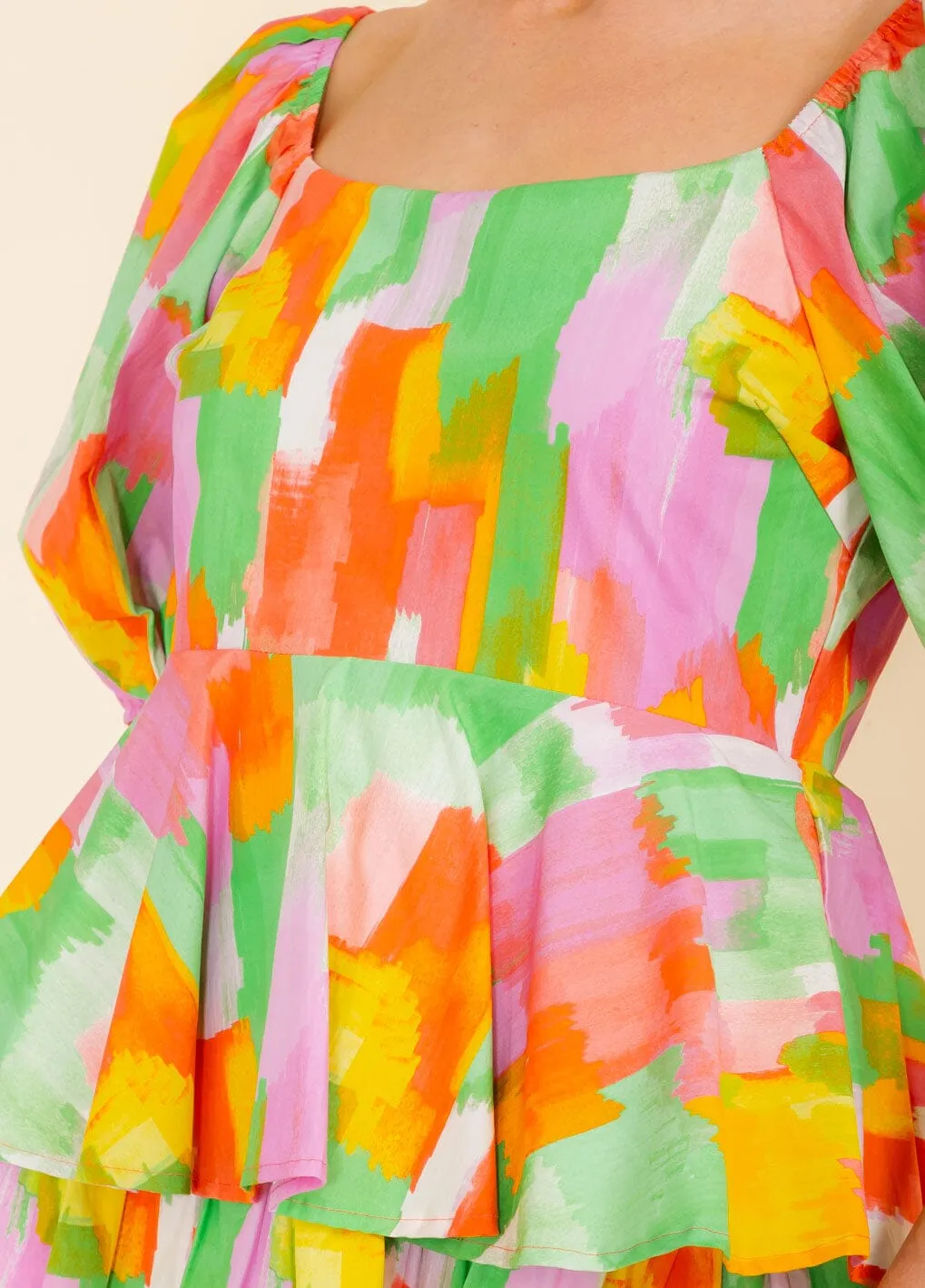 WOMEN'S SHORT SLEEVE TIERED MULTI PRINT MINI DRESS