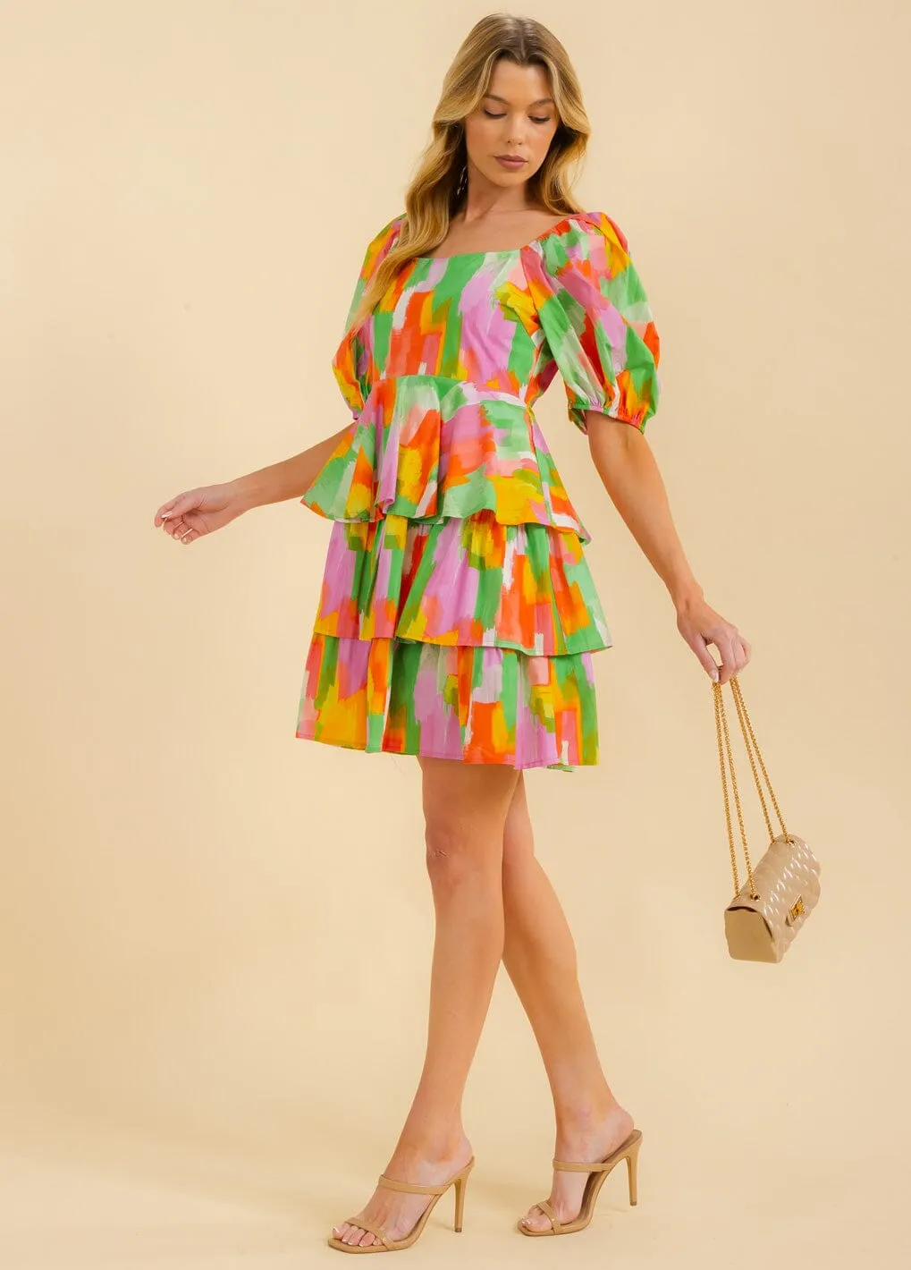WOMEN'S SHORT SLEEVE TIERED MULTI PRINT MINI DRESS